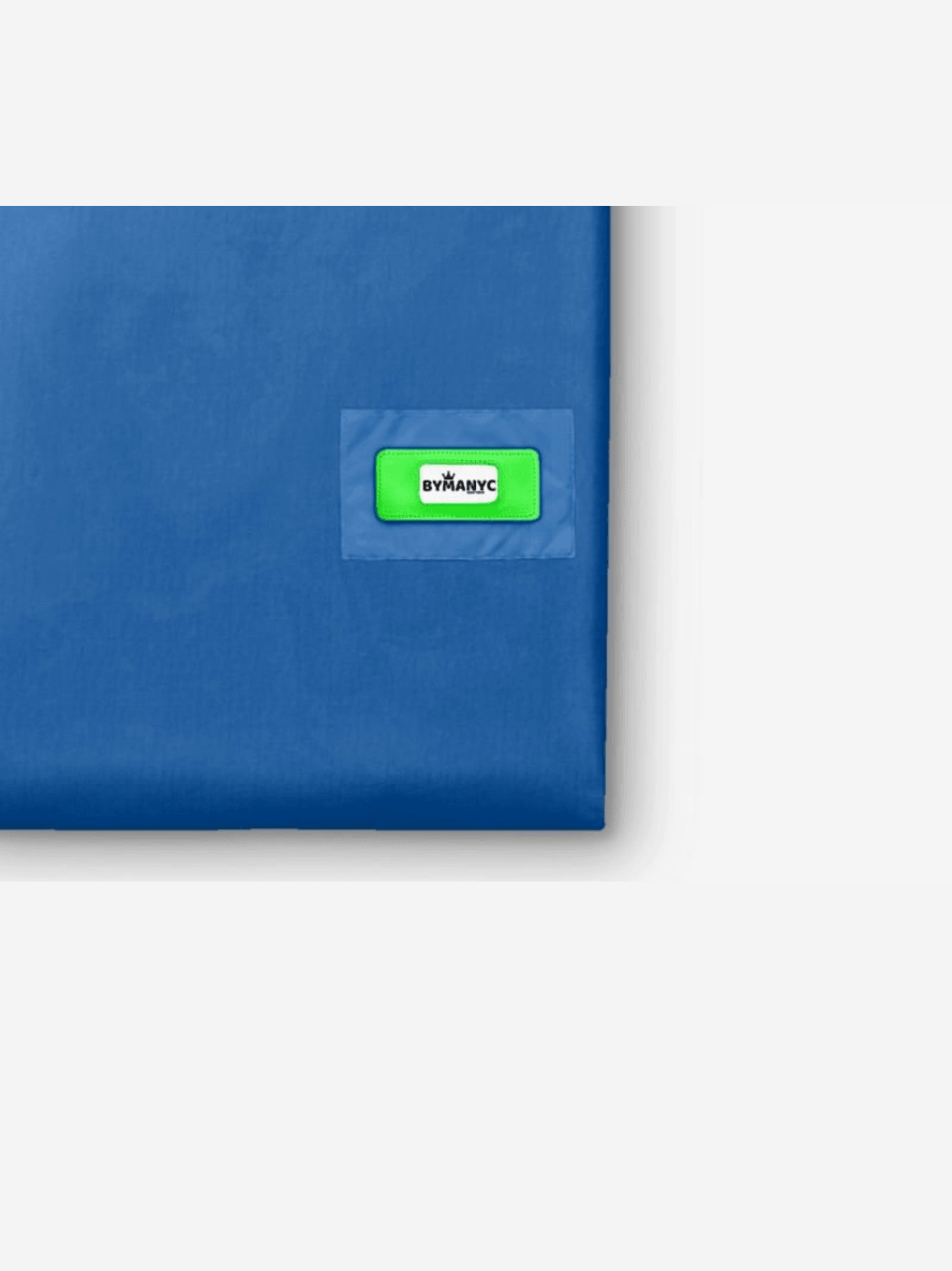 Blue envelope with a green label on a white background