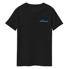 Black t-shirt with blue logo on a white background