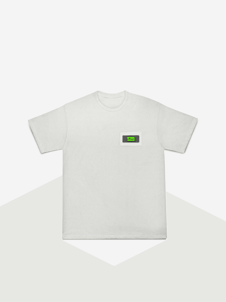 White t-shirt with a small green logo on a white background