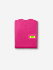 Pink t-shirt with a yellow label on a white background