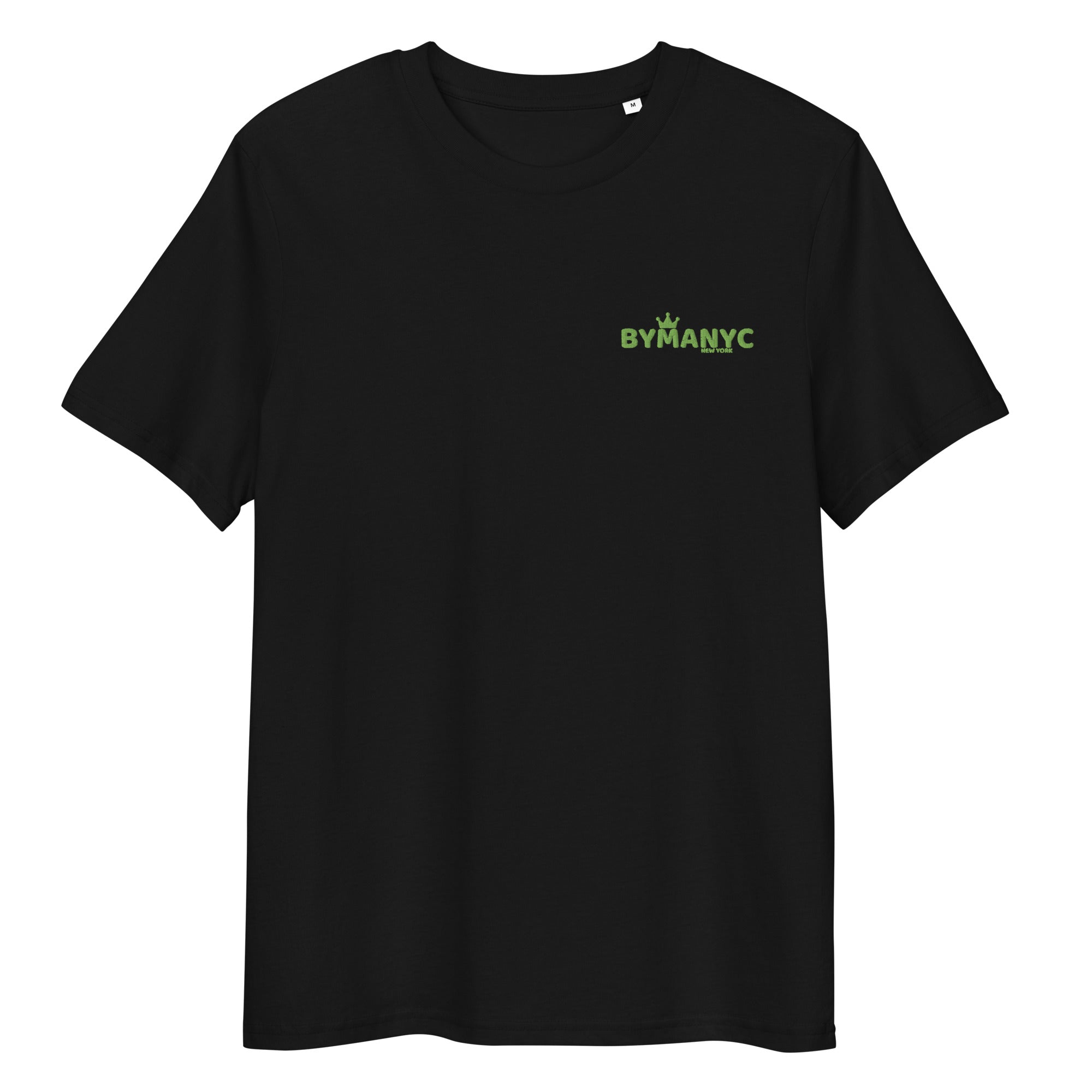 Black t-shirt with green 'BYMANYC' logo on a white background
