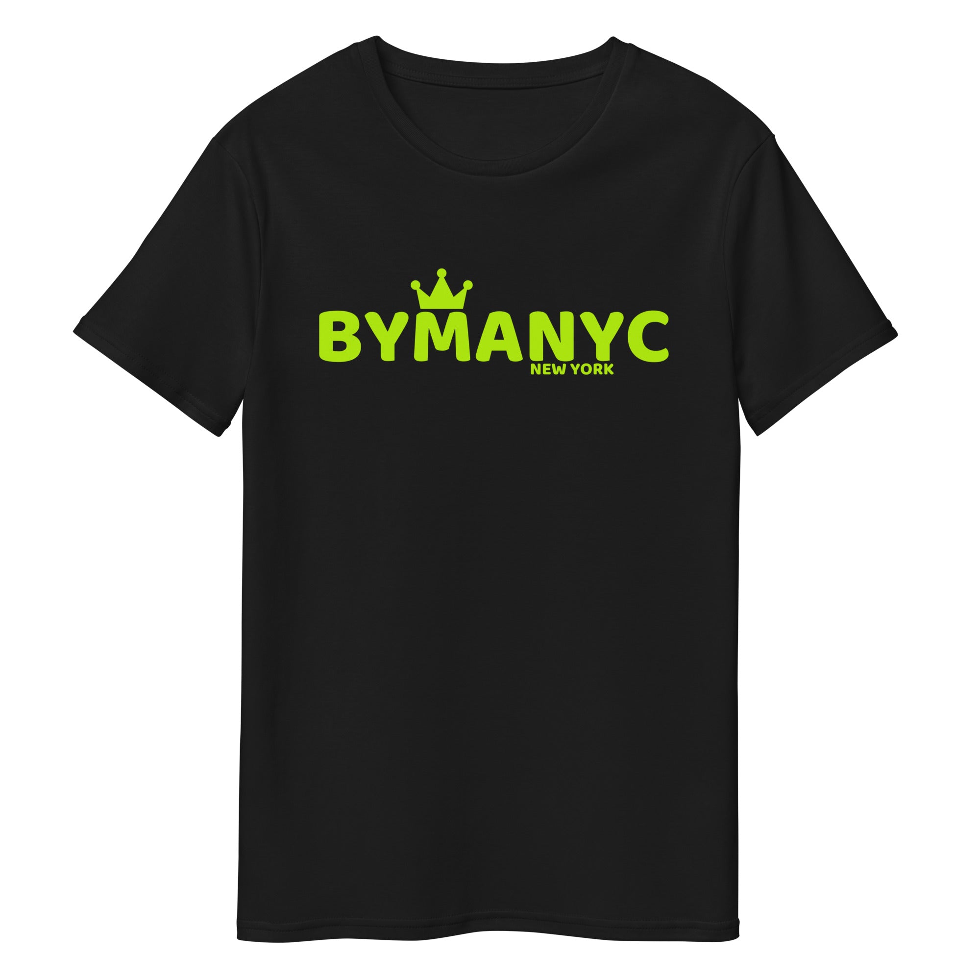 Black t-shirt with green 'BYMANYC New York' text on a white background