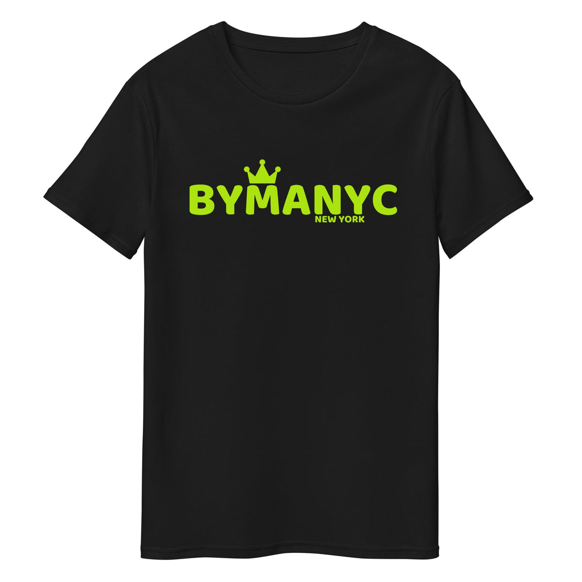 Black t-shirt with green 'BYMANYC New York' text on a white background