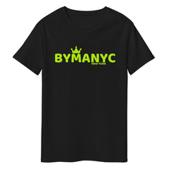 Black t-shirt with green 'BYMANYC New York' text on a white background