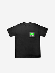 Black t-shirt with a small graphic on the chest against a white background
