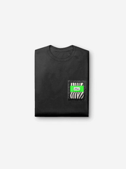 Black t-shirt with a zebra pattern pocket on a white background