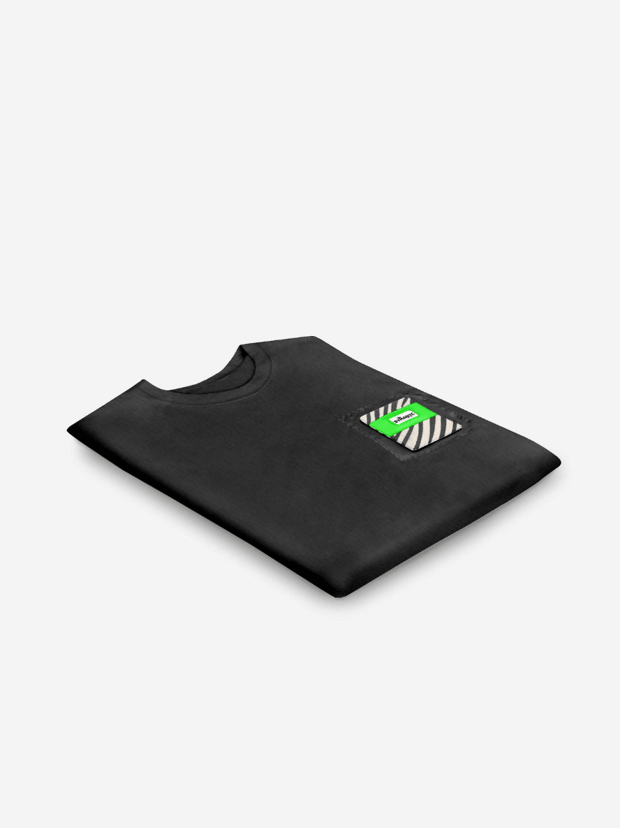 Black t-shirt with a green and white logo on a light gray background