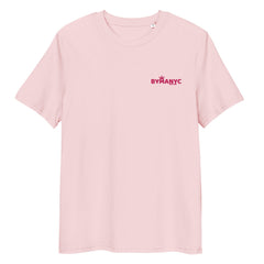 Pink t-shirt with 'BYMANYC' logo on a white background
