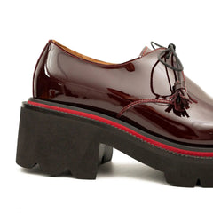 Men's Patent Leather Wine Red Derby Shoes with Chunky Sole