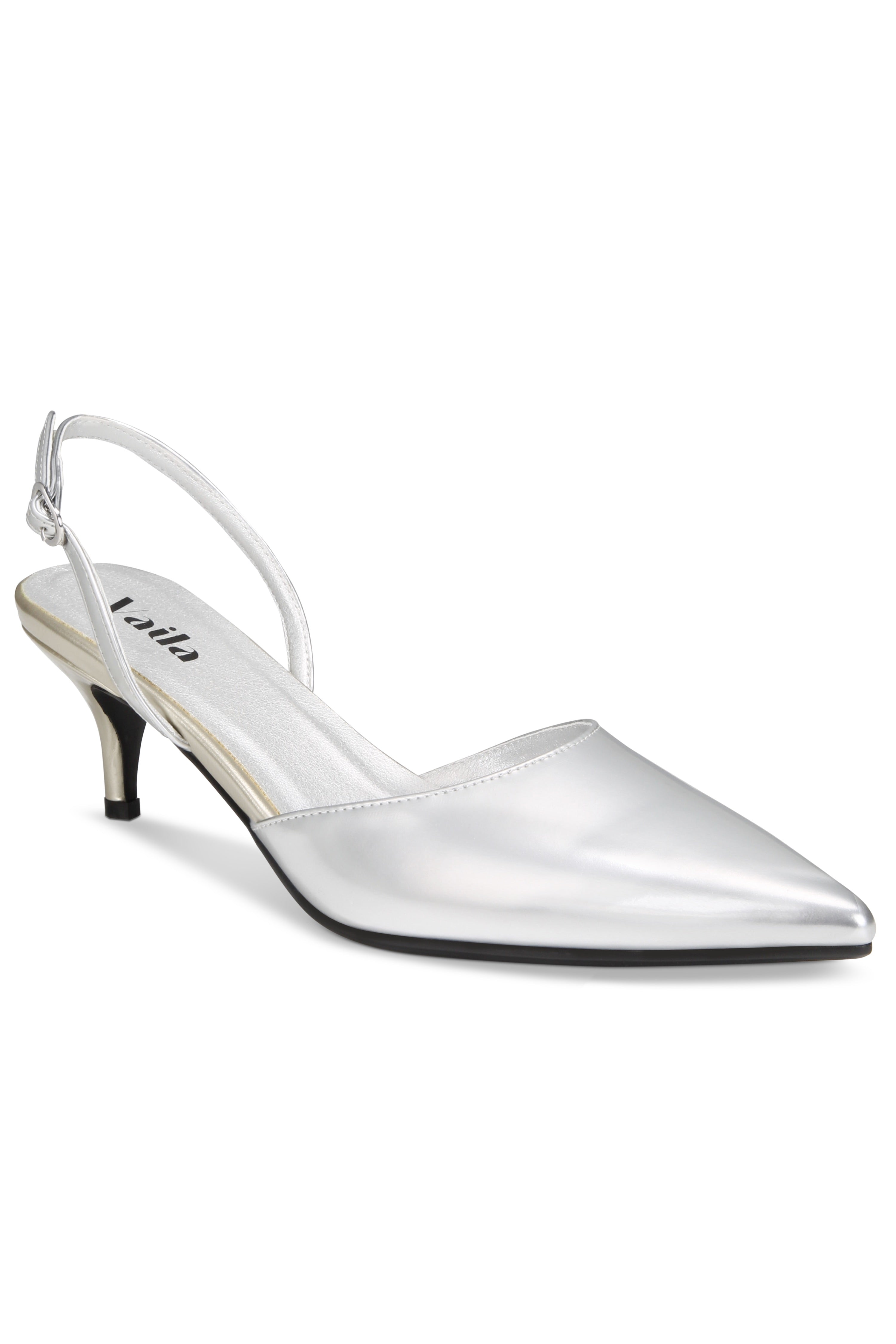 Silver slingback pump on a white background