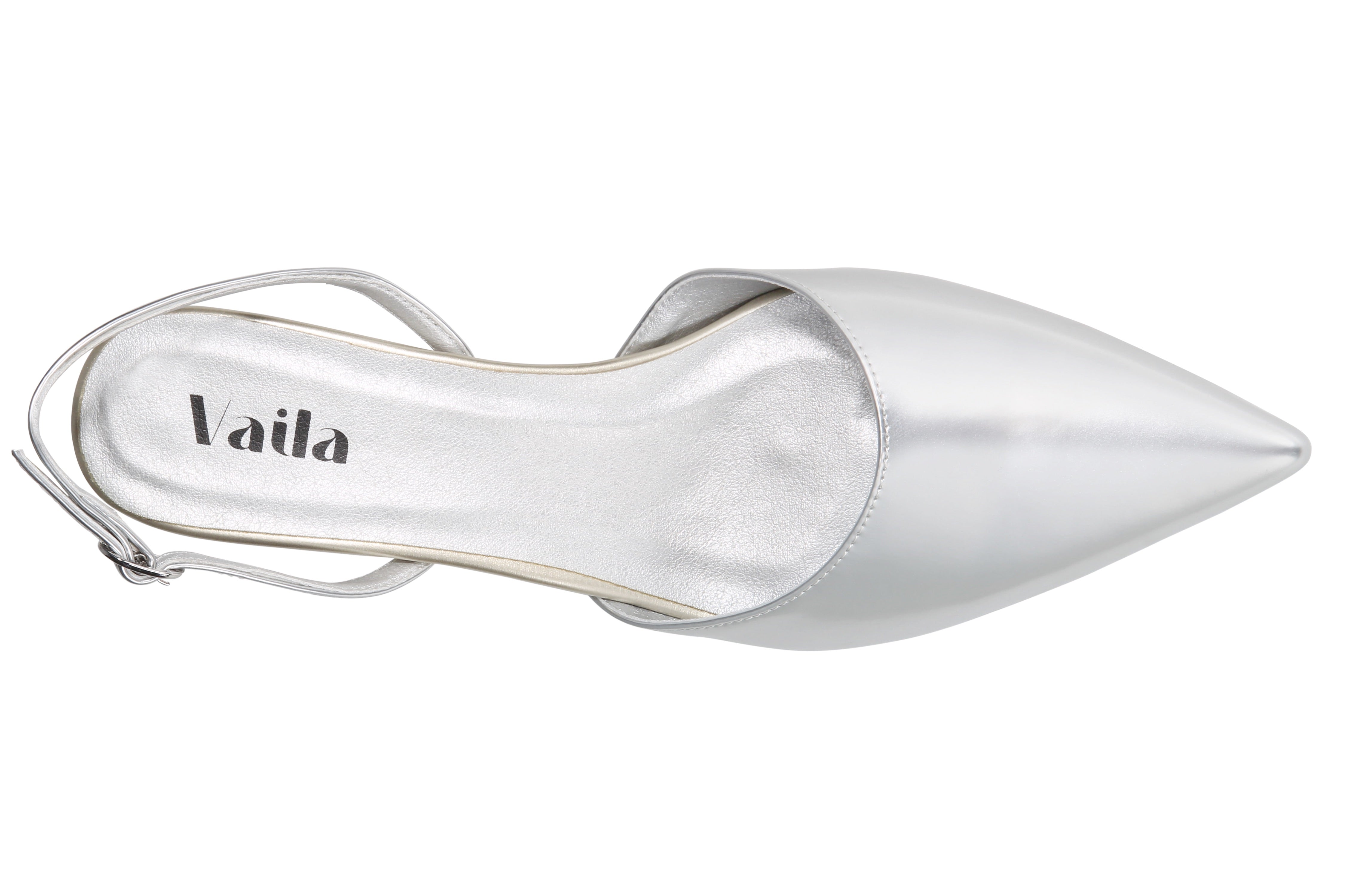 Silver high-heeled shoe with 'Vaila' branding on a white background
