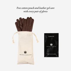 Brown gloves with a cotton pouch and leather care gel package on a white background