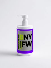 Bottle with a purple label featuring 'BNY FW' on a white background