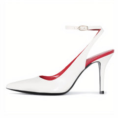 White high-heeled shoe with red interior on a white background
