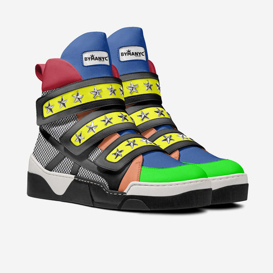 Multicolored high-top sneakers with star design on a white background