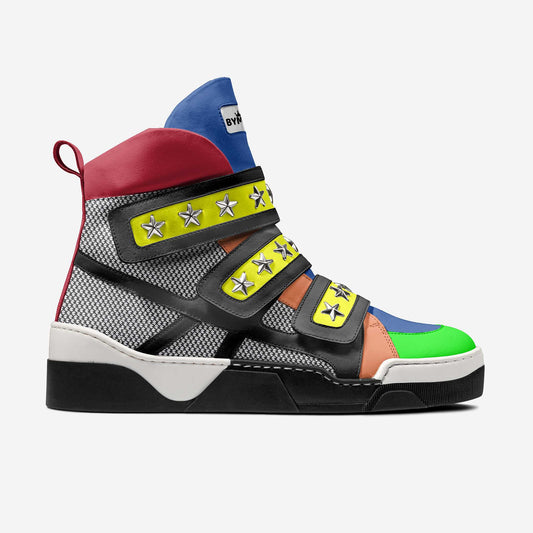 Multicolored high-top sneaker with star accents on a white background