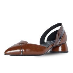 Brown leather slingback shoe on a white background