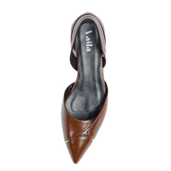 Brown pointed-toe slingback pump with 'Vaila' branding on a white background