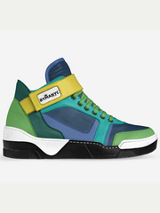 Multicolored sneaker with a visible brand label on a white background