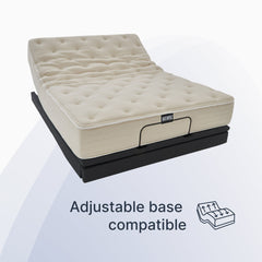 Beige mattress on an adjustable base with text indicating compatibility.