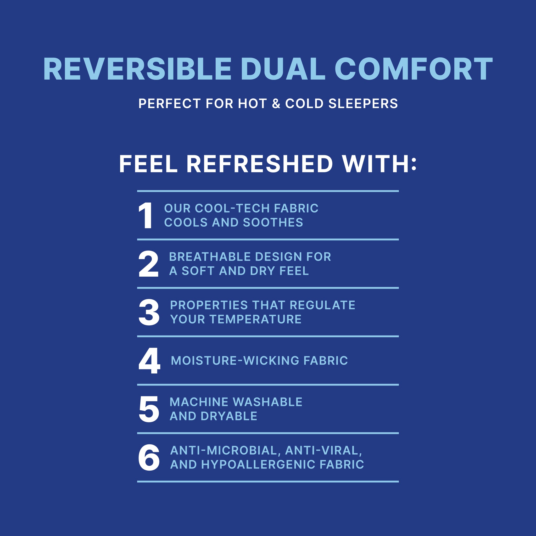Reversible dual comfort fabric features on a blue background