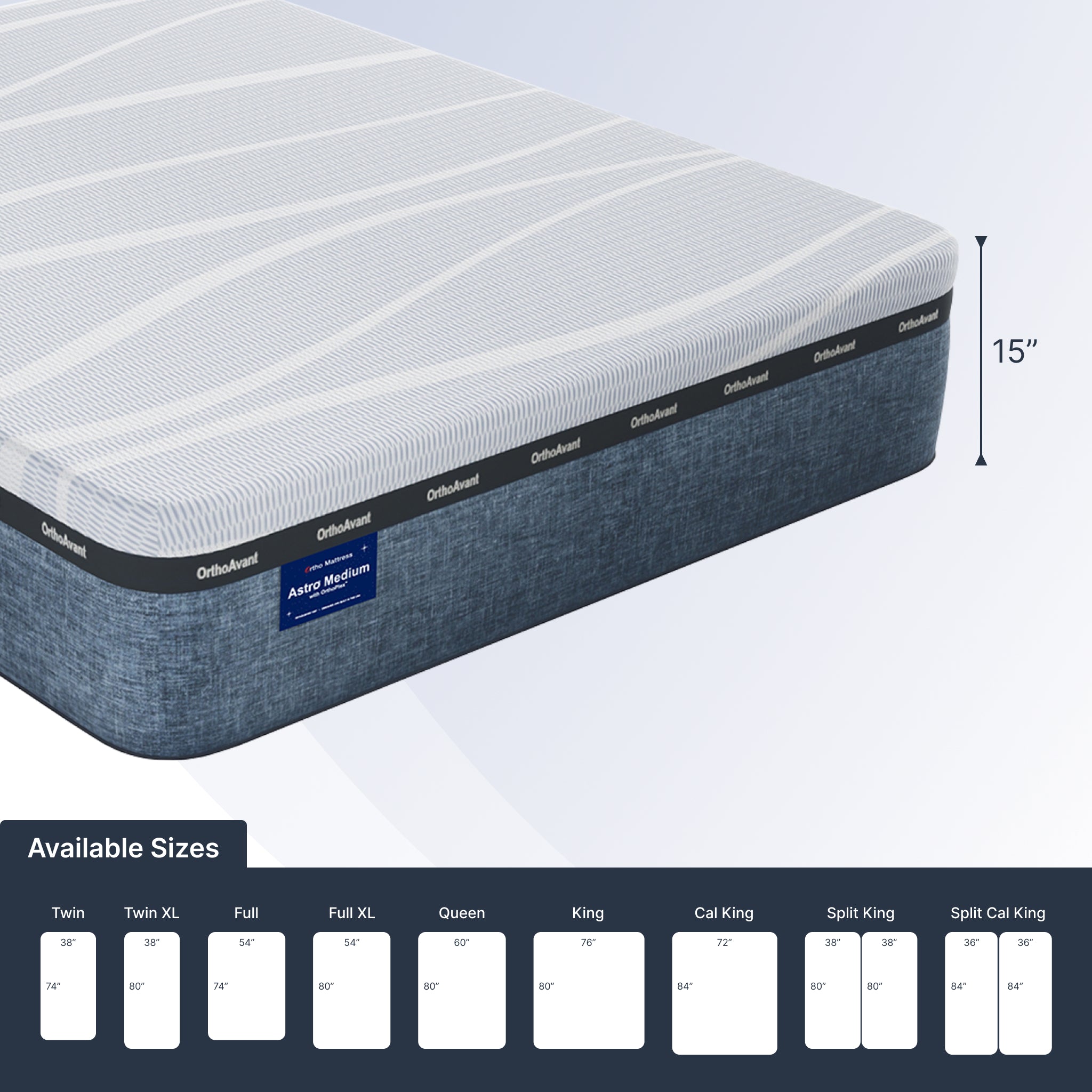 Mattress with dimensions and size chart on a light gray background