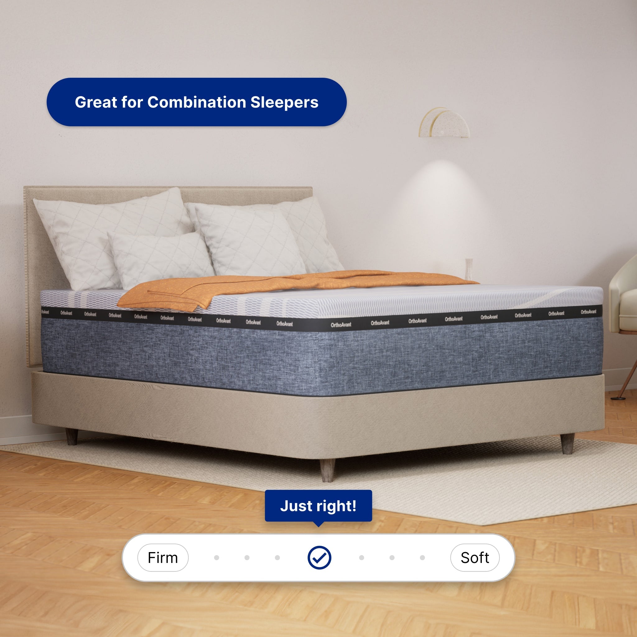 Mattress on a bed with text indicating it's suitable for combination sleepers and has a firmness rating.