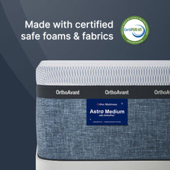 Mattress with 'CertiPUR-US' certification label on a dark background