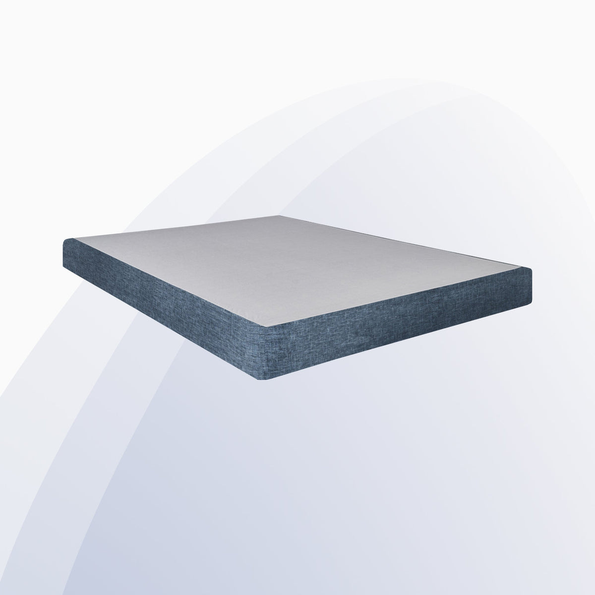 Square table with a blue textured top and clear base on a white background