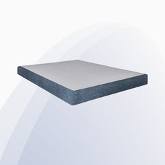 Square table with a blue textured top and clear base on a white background