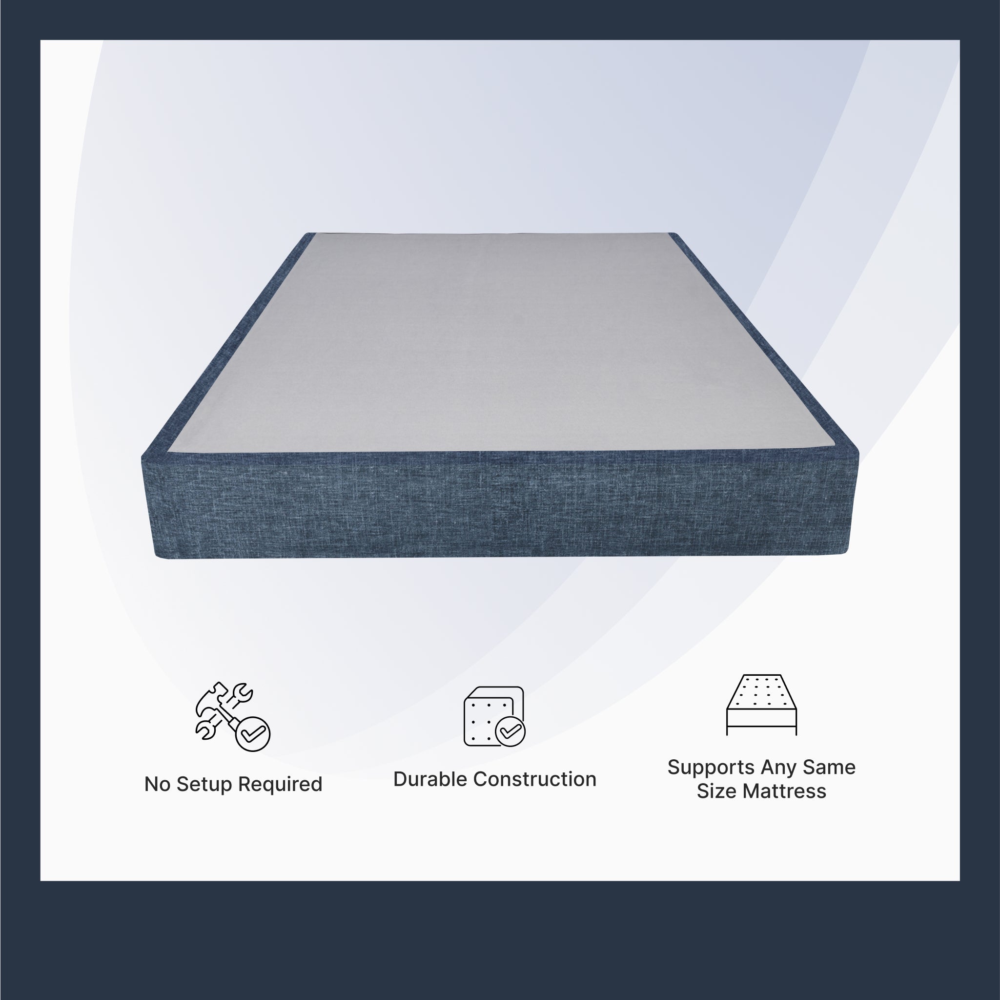 Mattress foundation with text highlighting features on a white background