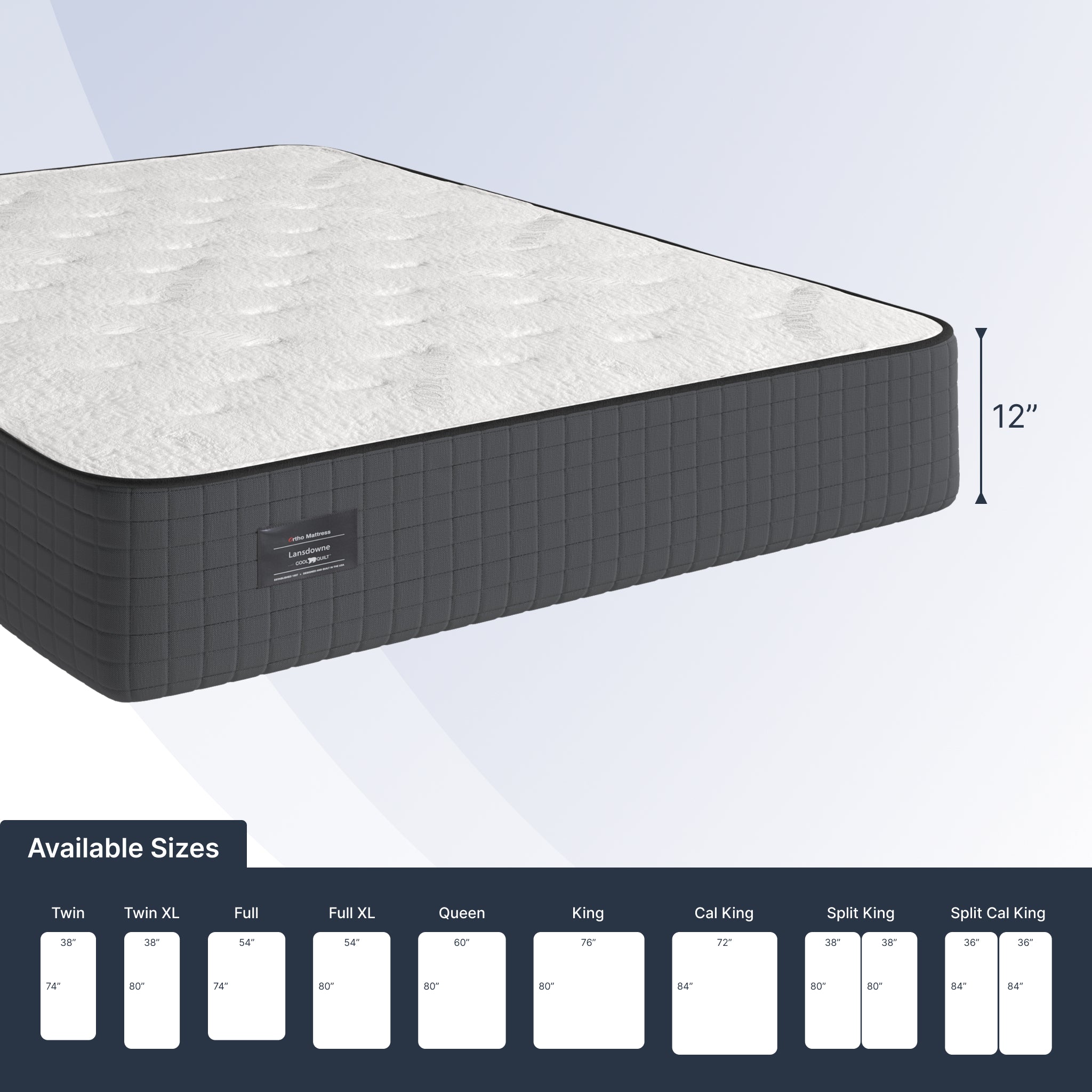 Mattress with size chart on a light gray background