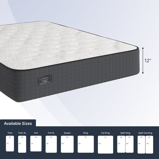 Mattress with size chart on a light gray background