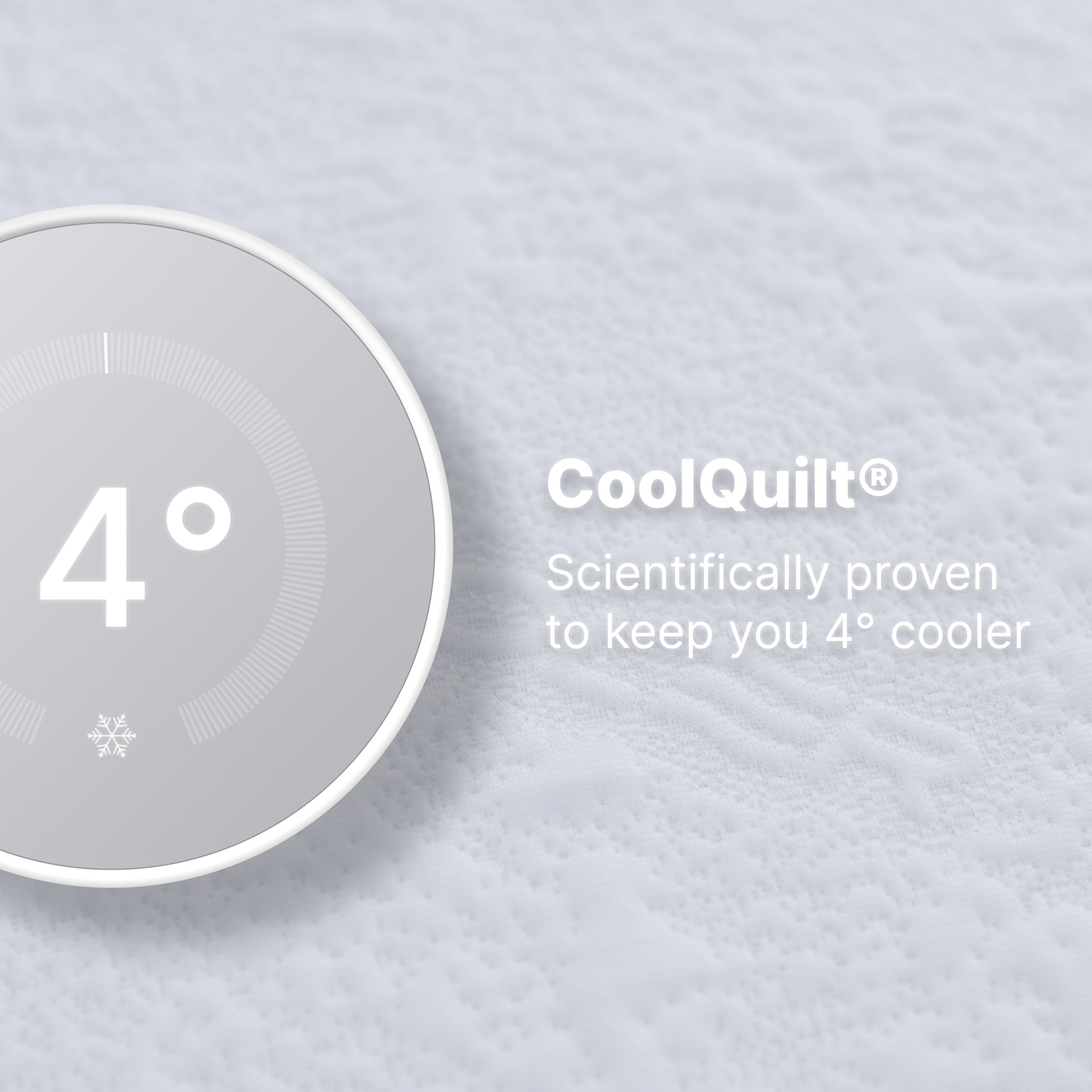 CoolQuilt product with temperature display on a textured fabric background