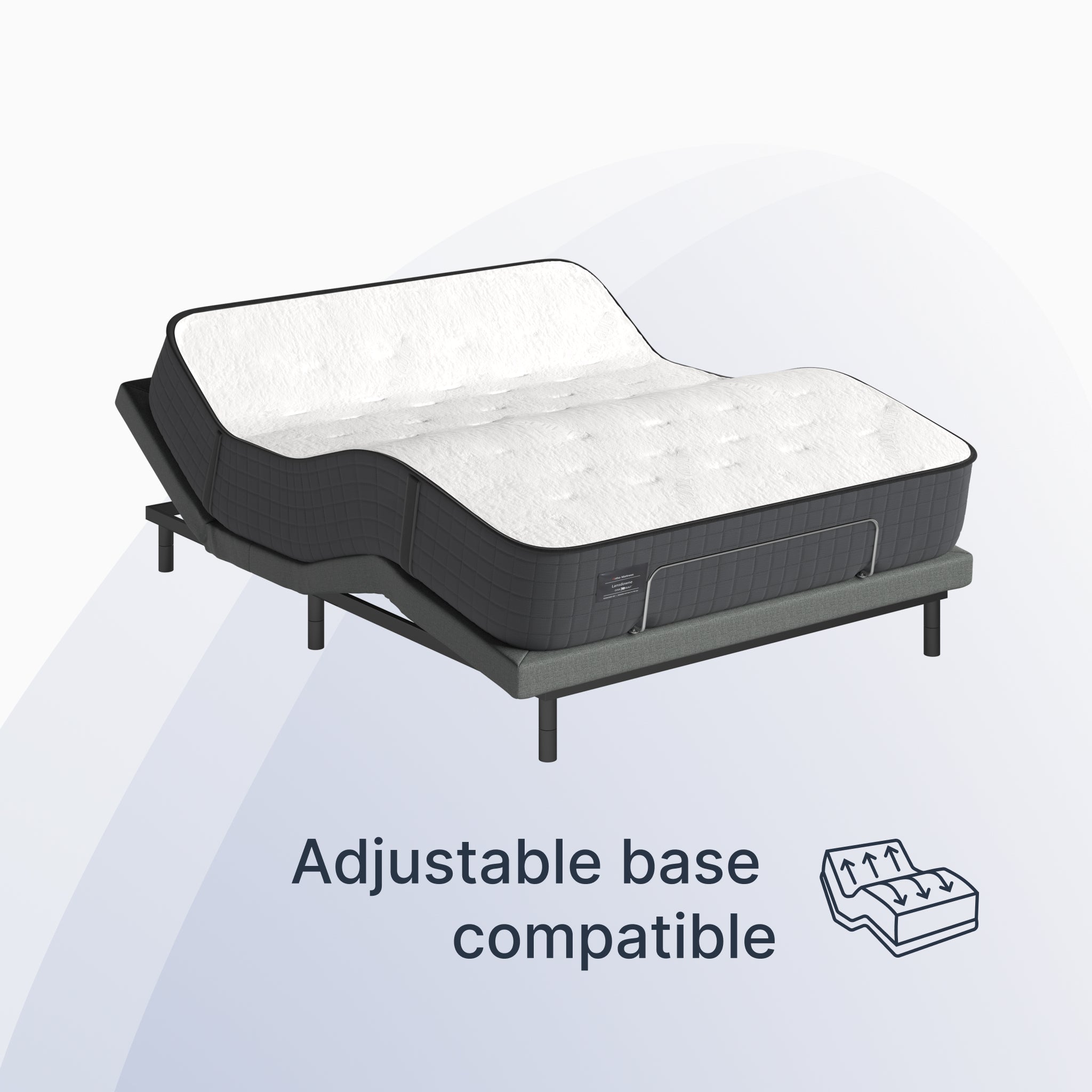 Mattress on an adjustable base with text indicating compatibility.