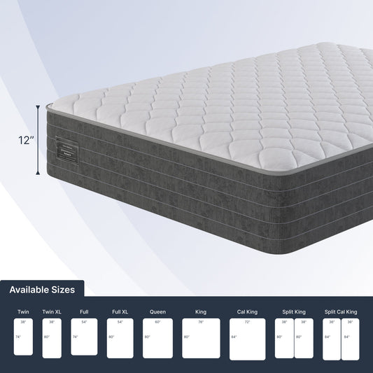 Gray mattress with size chart on a light gray background