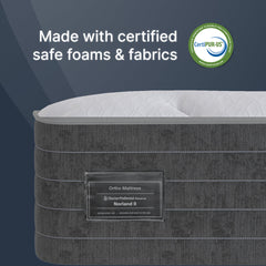 Gray mattress with CertiPUR-US logo and text 'Made with certified safe foams & fabrics' on a dark blue background.