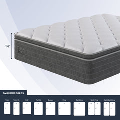 Gray and white mattress with size chart on a light gray background
