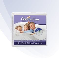 Ortho Mattress UltraTech Pillow Protector packaging with a family on a bed