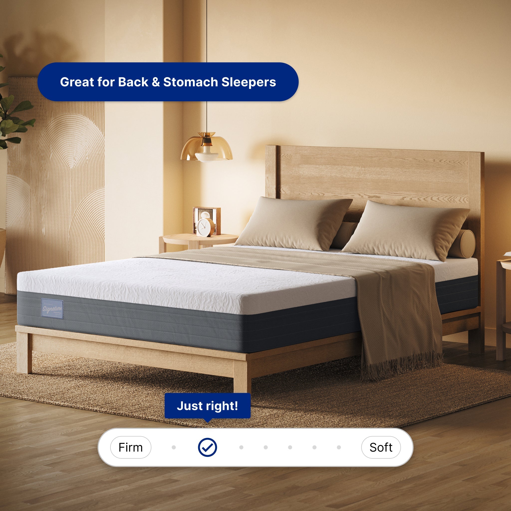 Bed with mattress labeled 'Great for Back & Stomach Sleepers' and 'Just right!' in a bedroom setting.