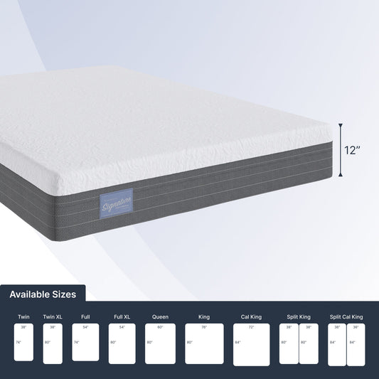 Mattress with size chart on a white background