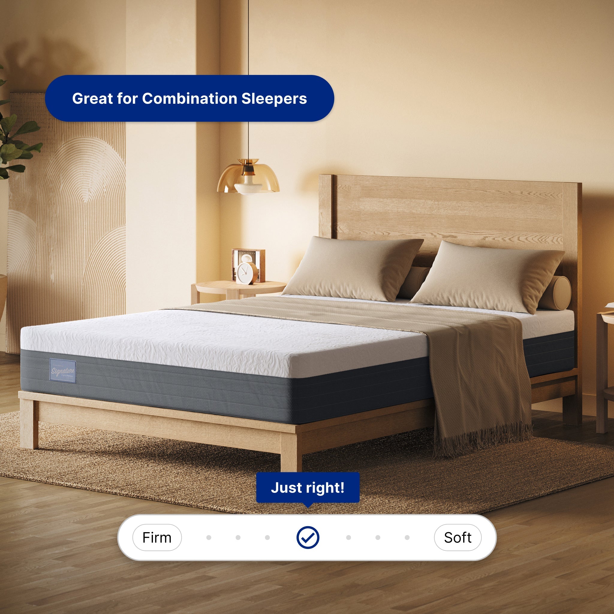 Bed with mattress and pillows in a bedroom setting, featuring text about suitability for combination sleepers.