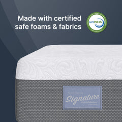 Mattress with CertiPUR-US logo and 'Made with certified safe foams & fabrics' text on a dark blue background.