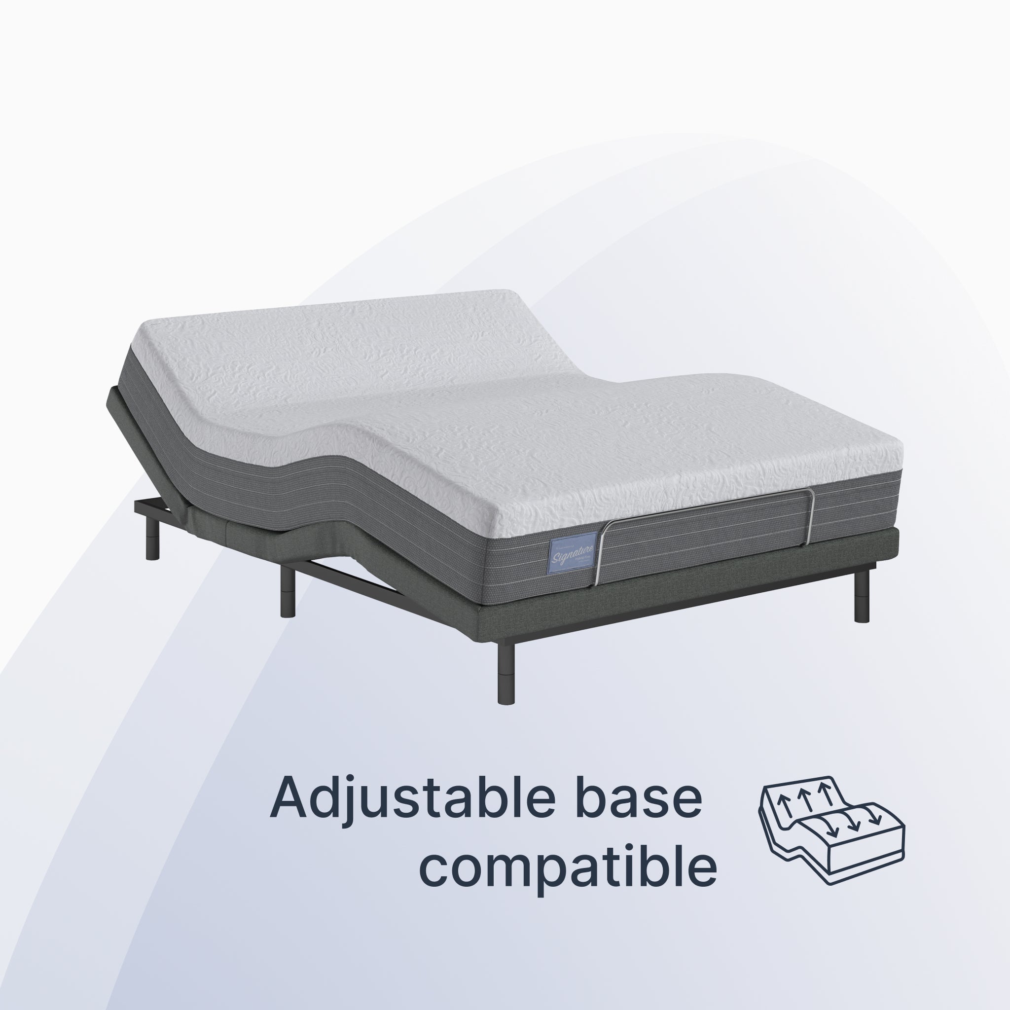 Gray adjustable base mattress on a white background with text indicating compatibility.