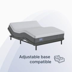 Gray adjustable base mattress on a white background with text indicating compatibility.