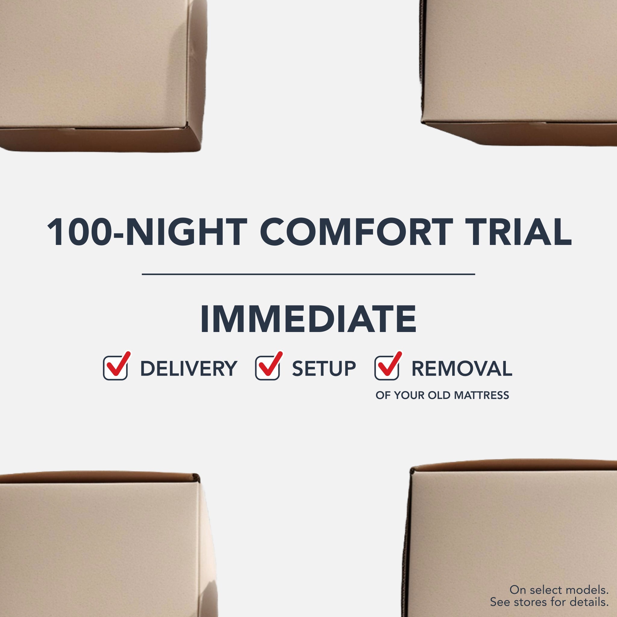 Advertisement for a 100-night comfort trial with mattress boxes and text on a white background.