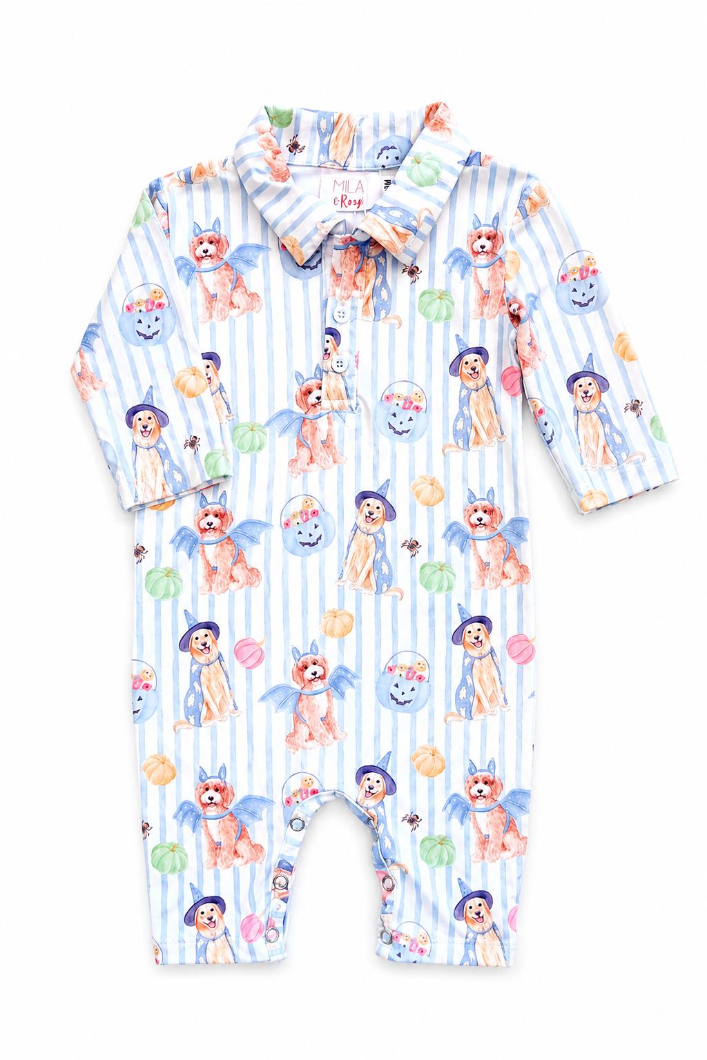 A baby long-sleeve footless romper with a white and light blue vertical stripe pattern, featuring an all-over print of cartoon teddy bears, angels, and balloons. The romper has a pointed collar and is shown flat against a white background.
