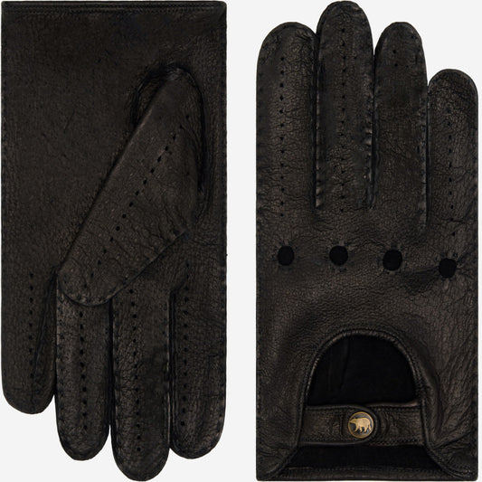 Pair of black leather gloves with a brand logo on a white background