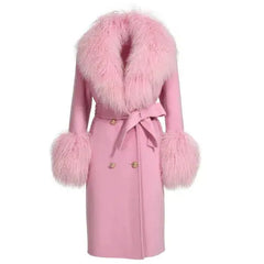 Wool Cashmere Coat with Mongolian Fur Collar | Women's Luxury