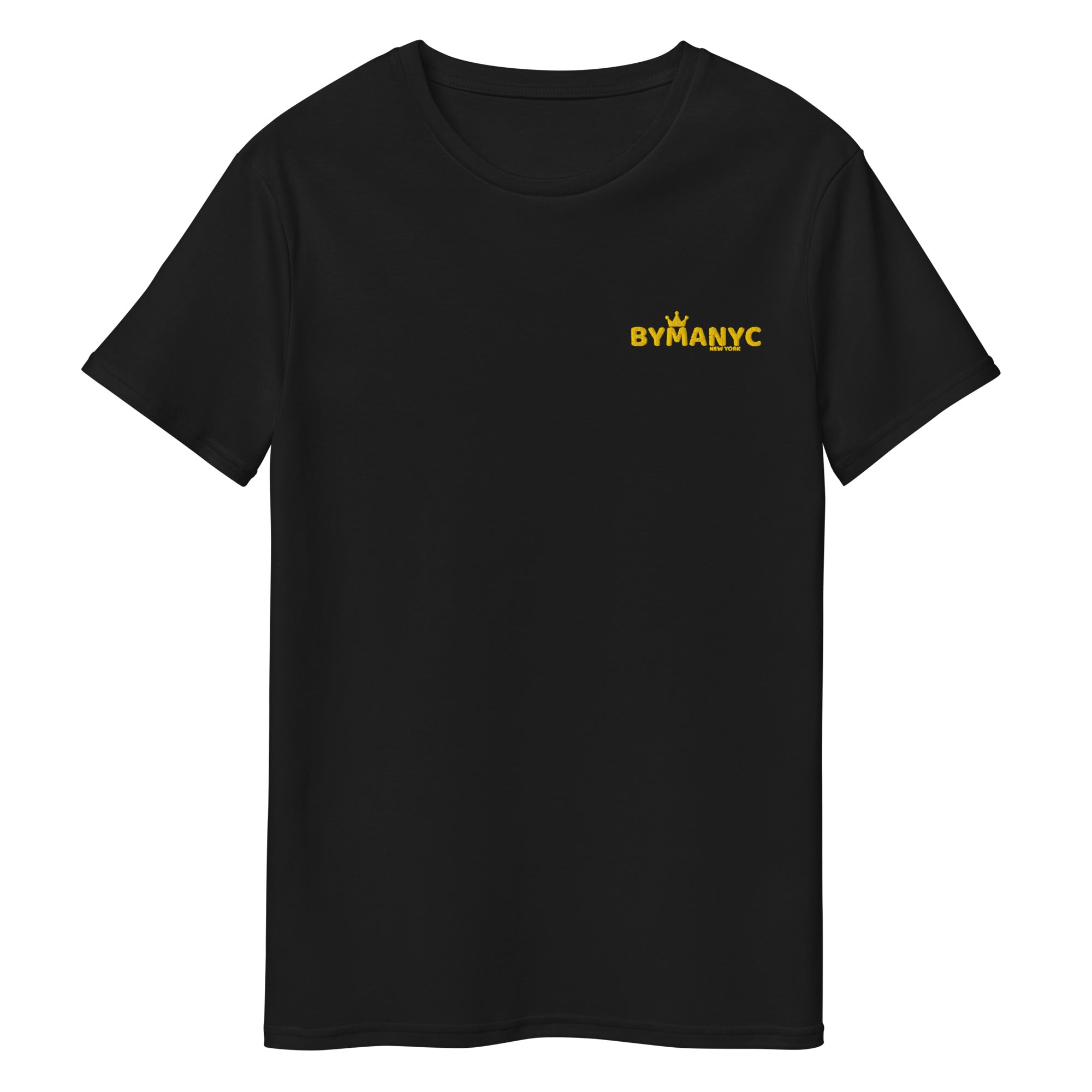 Black t-shirt with 'BYMANYC' logo on a white background